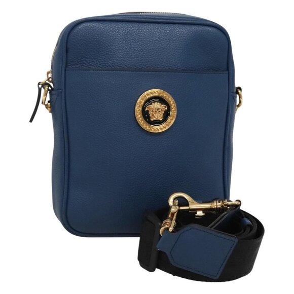 Gianni Versace Medusa Shoulder Bag Leather Blue Black gold Auth BD1353